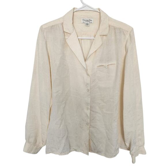 Christian Dior Sportswear Vintage Silk Button Down Shirt Cream 12 Retro 90s 80s - Picture 1 of 9
